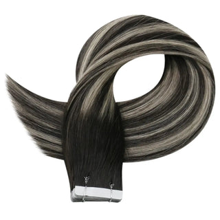 Full Shine dark highlight tape in hair extensions feature virgin human hair with blended natural shades.