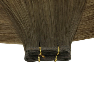 Full Shine Flat Silk Weft Virgin Sew In Human Hair Extensions Balayage (#DU)-Virgin Pu Hair Weft-Full Shine