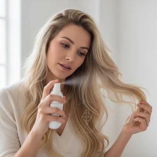 FullShine leave-in detangler spray misting onto dry tangled hair extensions for easy combing