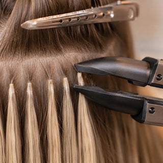 Hands replacing U-shape keratin bonding glue tabs on hair extensions using a fusion heat tool in a salon