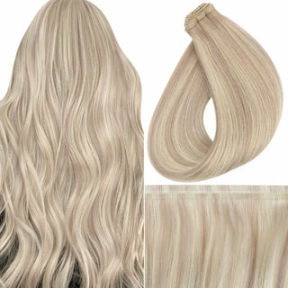 Full Shine virgin hair blonde hair extensions with blonde lowlights and rose brown highlights for a soft, romantic, multi-tone blended finish