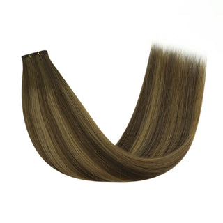 Brown balayage with blonde variation Fullshine virgin hair providing a smooth gradient.
