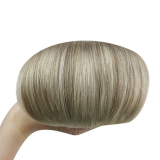 Fullshine premium ombre extensions with natural ash brown roots and blonde tips.
