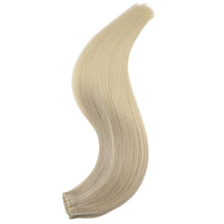 Full Shine virgin hair blonde hair extensions with seamless invisible weft, blending soft blonde tones with rose brown highlights for natural multi-tonal dimension