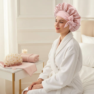FullShine hair care bundle set with waterproof shower cap, silk sleep cap, and luxury hair drying cap for complete hair protection and care.
