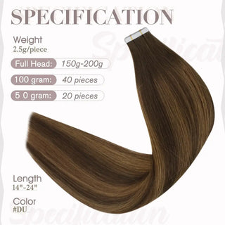 Full Shine balayage brown Brazilian human hair tape extensions create dimensional color and seamless length.