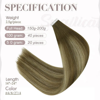 Full Shine balayage brown tape in hair extensions feature virgin human hair for seamless length and natural volume.