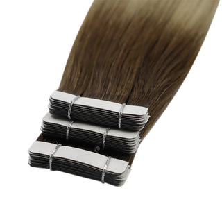 Full Shine balayage hair extensions with tape in virgin human hair combine brown and blonde shades naturally.