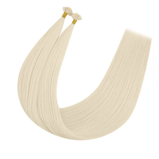Full Shine bleach blonde human hair extensions feature K tip pre bonded virgin hair for soft texture, brightness, and natural-looking volume.