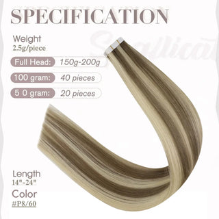 Full Shine blonde highlight human hair tape ins feature virgin hair for smooth texture and seamless blending.