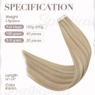 Full Shine blonde highlights and lowlights tape in hair extensions add natural dimension with premium virgin hair.