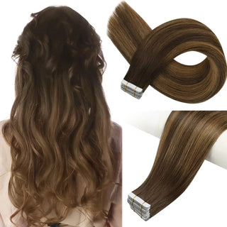 Full Shine Brazilian virgin hair tape in extensions feature balayage brown tones with a natural human hair finish.