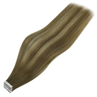 Full Shine brown tone balayage tape in hair extensions are made with virgin hair for a seamless blend.