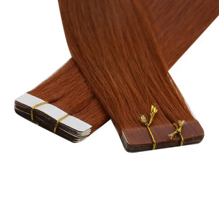 Full Shine copper red human hair tape in extensions create natural volume and a rich red hair finish.