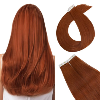 Full Shine copper red tape in hair extensions are made from 100% virgin human hair for a vibrant natural-looking color.