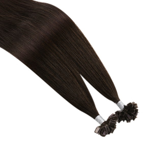 Full Shine dark brown keratin hair extensions use K tip pre bonded virgin human hair for a smooth and seamless result.