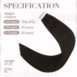 Full Shine dark brown tape in hair extensions feature virgin human hair for a smooth and natural-looking finish.