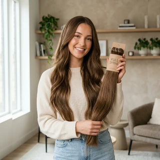 Adult woman holding Full Shine Hair extensions bundle in natural light, lifestyle influencer style, showcasing hair quality
