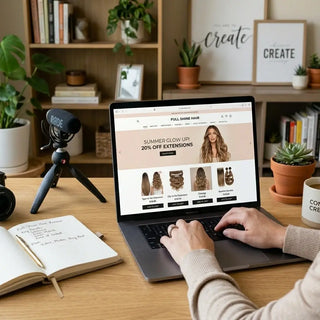 Full Shine Hair website on laptop screen with office desk, camera, notebook, and coffee, representing media content creation