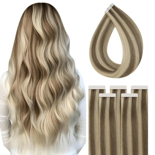 Full Shine highlight blonde tape in hair extensions are made from virgin human hair for a natural bright blended look.