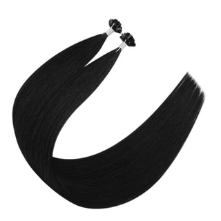 Full Shine jet black K tip human hair extensions blend naturally while adding soft length and volume to thin hair.