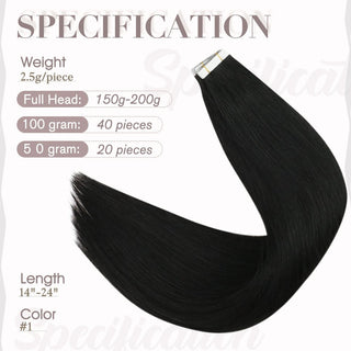 Full Shine jet black tape in hair extensions feature 100% virgin human hair for a smooth and natural look.