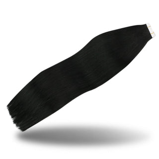 Full Shine jet black virgin tape hair extensions are crafted from human hair for comfortable everyday wear.