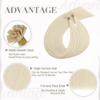 Full Shine bleach blonde K tip hair extensions feature virgin human hair and pre bonded keratin tips for a smooth professional finish.