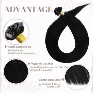 Full Shine jet black virgin hair K tip extensions add lightweight fullness and seamless length to thin or fine hair