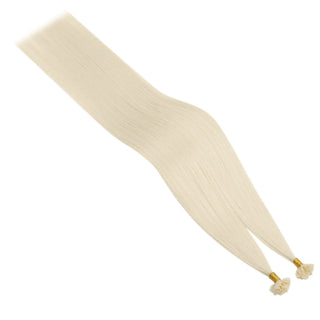 Full Shine keratin tip hair extensions in bleach blonde combine premium virgin human hair with durable bonds for seamless results.