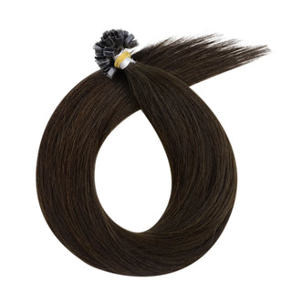 Full Shine keratin tip hair extensions in dark brown are pre bonded with virgin human hair for soft texture and natural movement.