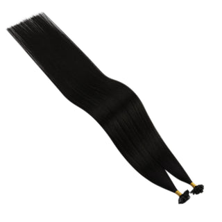 Full Shine keratin tip hair extensions for thin hair feature soft virgin hair in a natural off black shade.