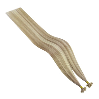 Full Shine keratin tip hair extensions use highlighted virgin human hair for a soft texture and multidimensional finish.