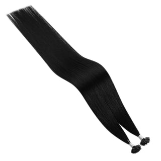 Full Shine keratin tip hair extensions in jet black are made from virgin hair for lightweight fullness on thin hair.