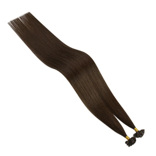 Full Shine pre bonded K tip hair extensions combine virgin hair with medium brown keratin bonds for natural-looking volume.