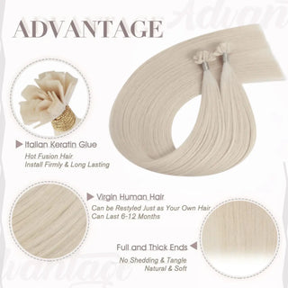 Full Shine keratin tip hair extensions in platinum blonde feature premium virgin human hair for a soft and natural-looking finish.
