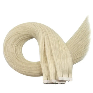 Full Shine light blonde hair extensions with tape in application use virgin human hair for a luxurious finish.