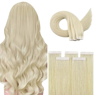 Full Shine light blonde virgin hair tape in extensions are made from 100% human hair for a soft natural blonde finish.