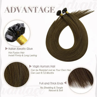 Full Shine medium brown K tip hair extensions feature virgin human hair and pre bonded keratin tips for a seamless blend.