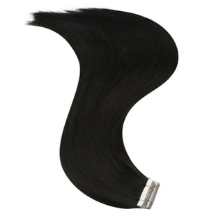 Full Shine natural black virgin hair tape extensions provide a smooth blend with your own natural hair.