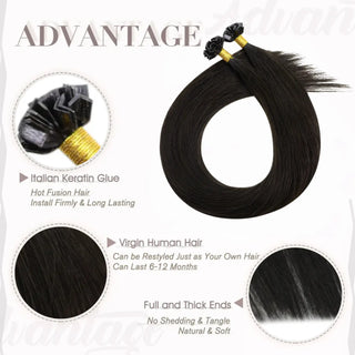 Full Shine off black virgin hair K tip extensions add lightweight fullness and natural-looking length to thin hair.