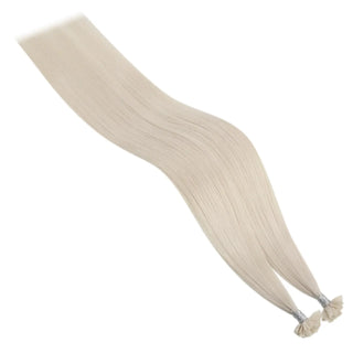 Full Shine platinum blonde human hair extensions feature K tip keratin bonds and virgin hair for smooth texture and natural movement.