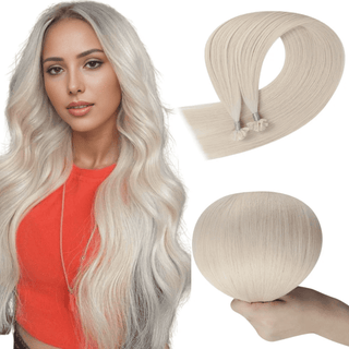 Full Shine platinum blonde K tip hair extensions are made from 100% virgin human hair with pre bonded keratin tips for natural length and volume.