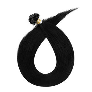 Full Shine pre bonded K tip hair extensions in jet black feature virgin human hair and keratin tips for professional application.
