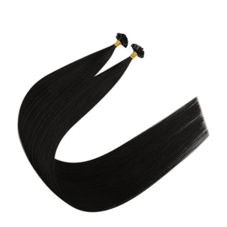 Full Shine pre bonded K tip hair extensions in off black use virgin human hair and discreet keratin tips for professional application.
