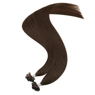 Full Shine keratin tip hair extensions in medium brown feature premium virgin human hair and discreet bonded tips.