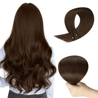 Full Shine professional K tip human hair extensions in medium brown are made from 100% virgin human hair for natural length and volume.