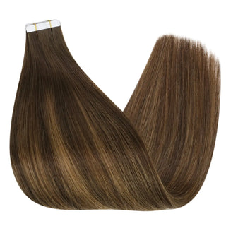 Full Shine real Brazilian human hair tape ins feature balayage brown shades for a soft dimensional style.