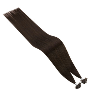 Full Shine real human hair K tip extensions in dark brown are made with virgin hair and discreet keratin tips.