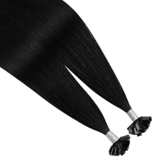 Full Shine real human hair K tip extensions in jet black use pre bonded keratin tips for a smooth and seamless result.